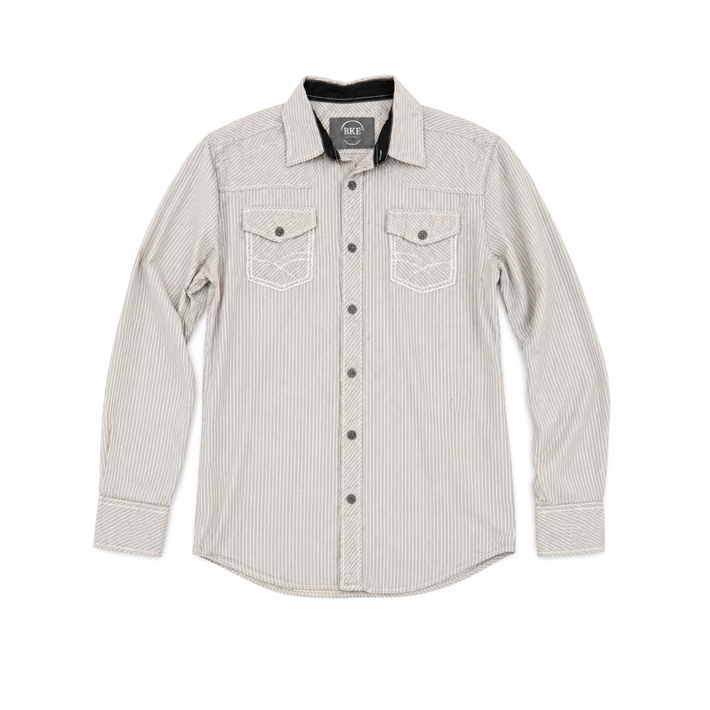 BKE Tailored Fit Mens Large Grey White Pinstripe Long Sleeve Button‎ Down Shirt